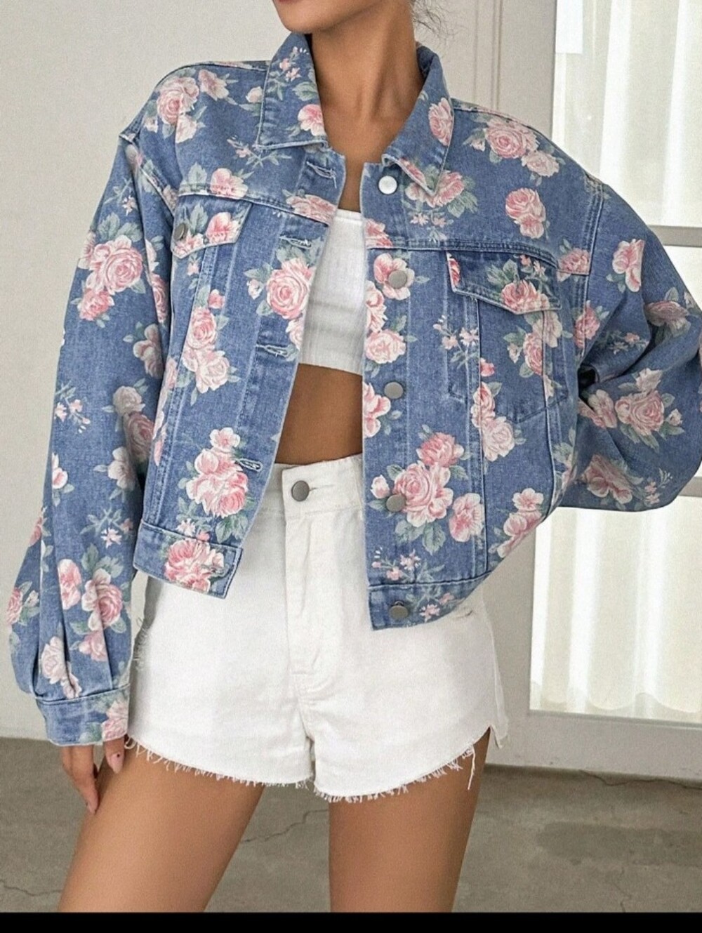 Dazy Pink Floral Print Drop Shoulder Flap Denim jacket Small